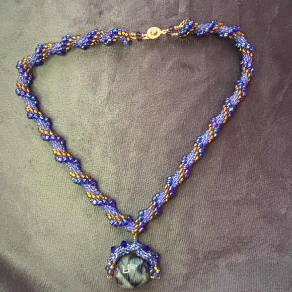 Handmade Beaded Spiral Necklace with Glass Pendant - Picture 1 of 5